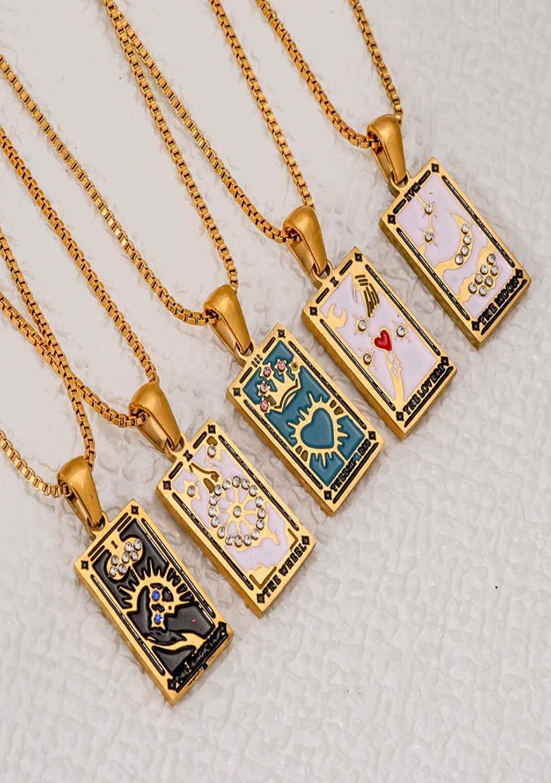 18K Gold Plated Anti Tarnish Blue The Empress Zircon Tarot Pendant Necklace - Indya