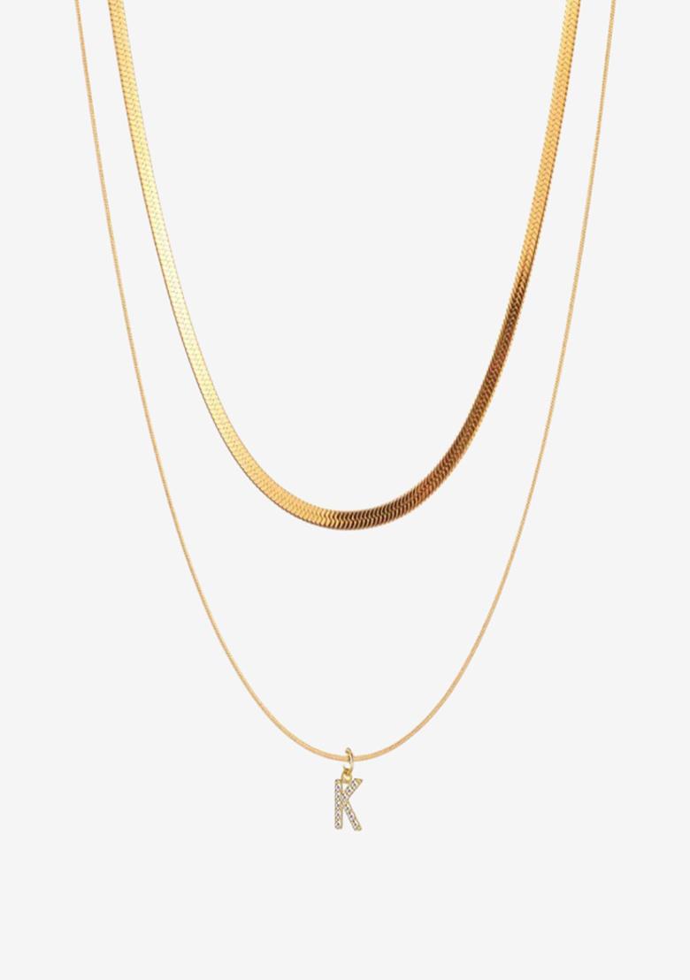 18K Gold Plated Anti Tarnish Initial Letter K Zircon Pendant Layered Necklace - Indya