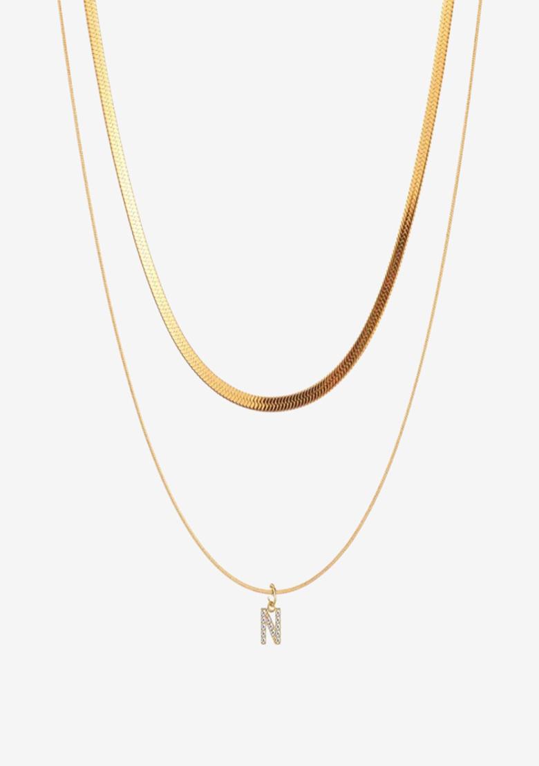 18K Gold Plated Anti Tarnish Initial Letter N Zircon Pendant Layered Necklace - Indya