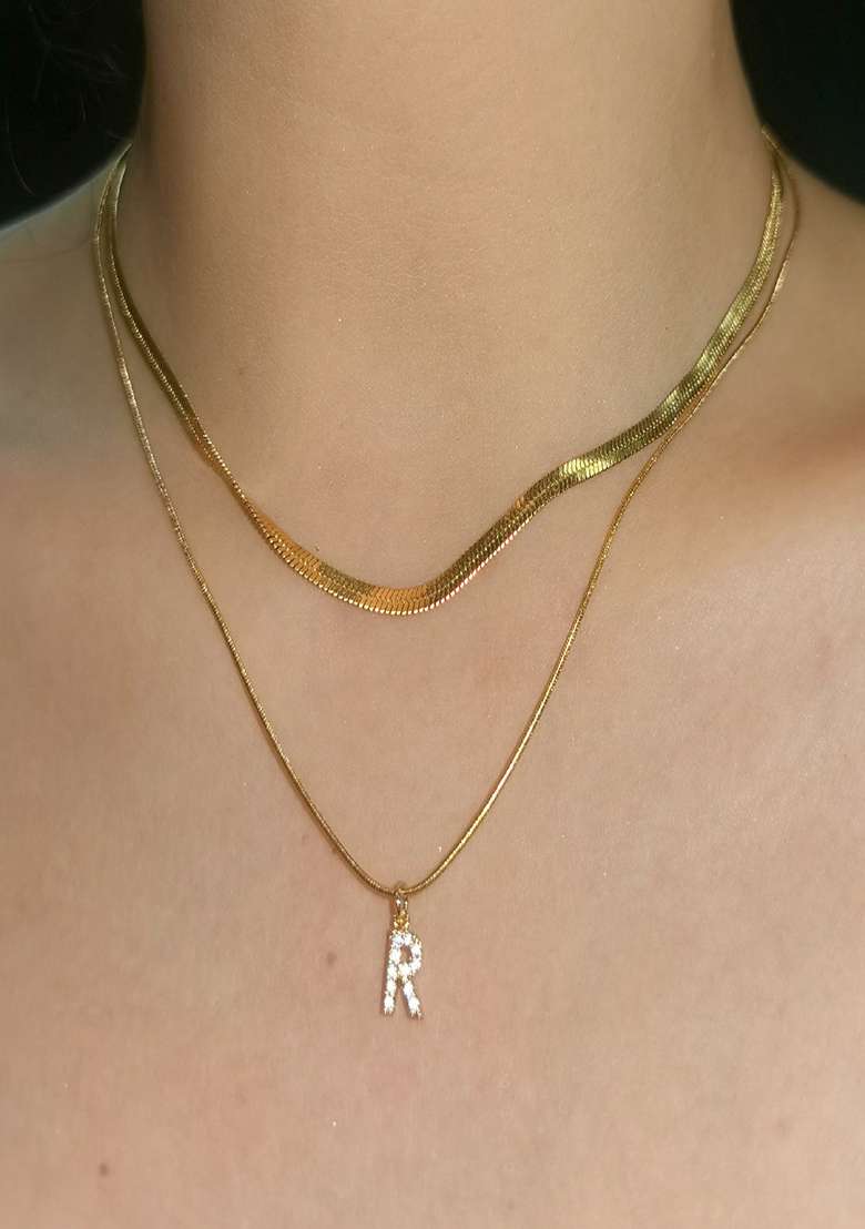 18K Gold Plated Anti Tarnish Initial Letter R Zircon Pendant Layered Necklace - Indya
