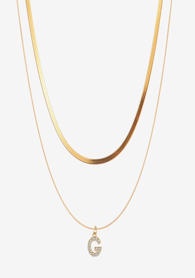 18K Gold Plated Anti Tarnish Initial Letter G Zircon Pendant Layered Necklace - Indya