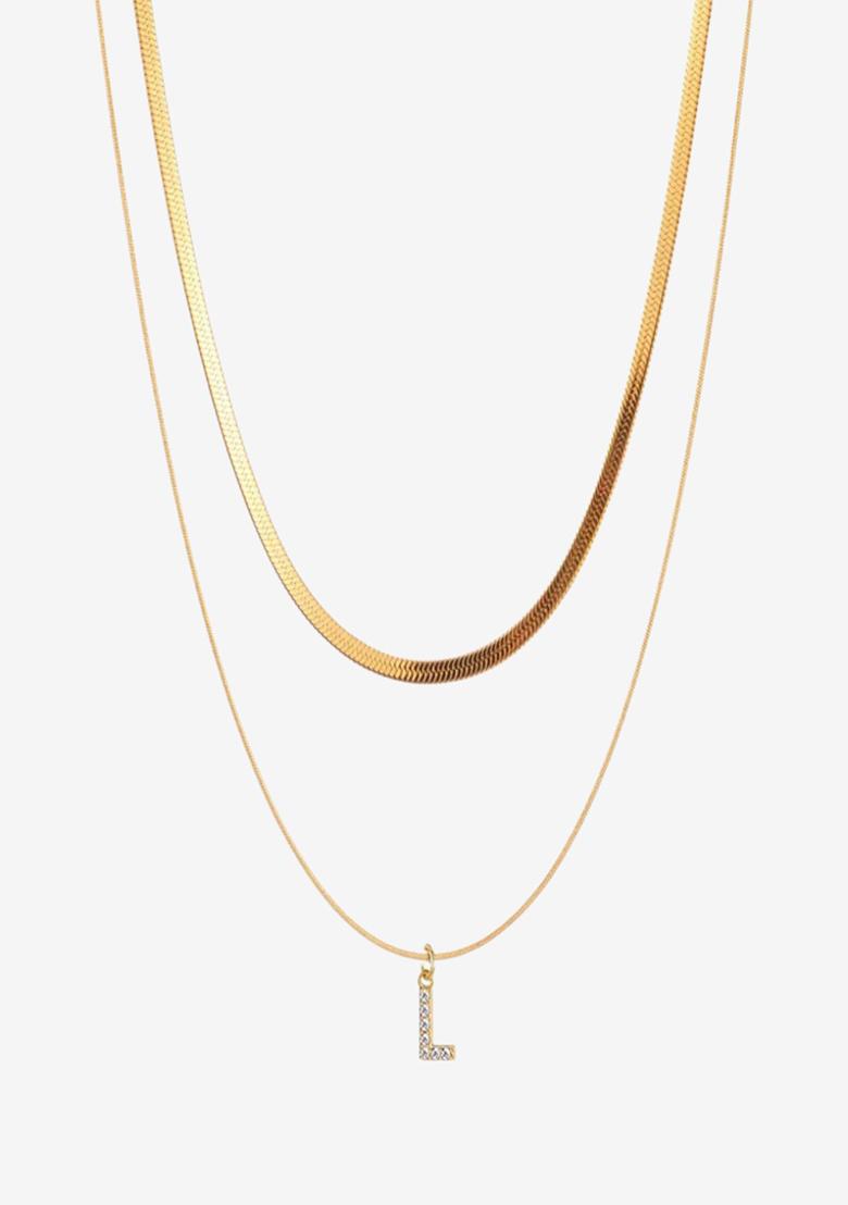 18K Gold Plated Anti Tarnish Initial Letter L Zircon Pendant Layered Necklace - Indya