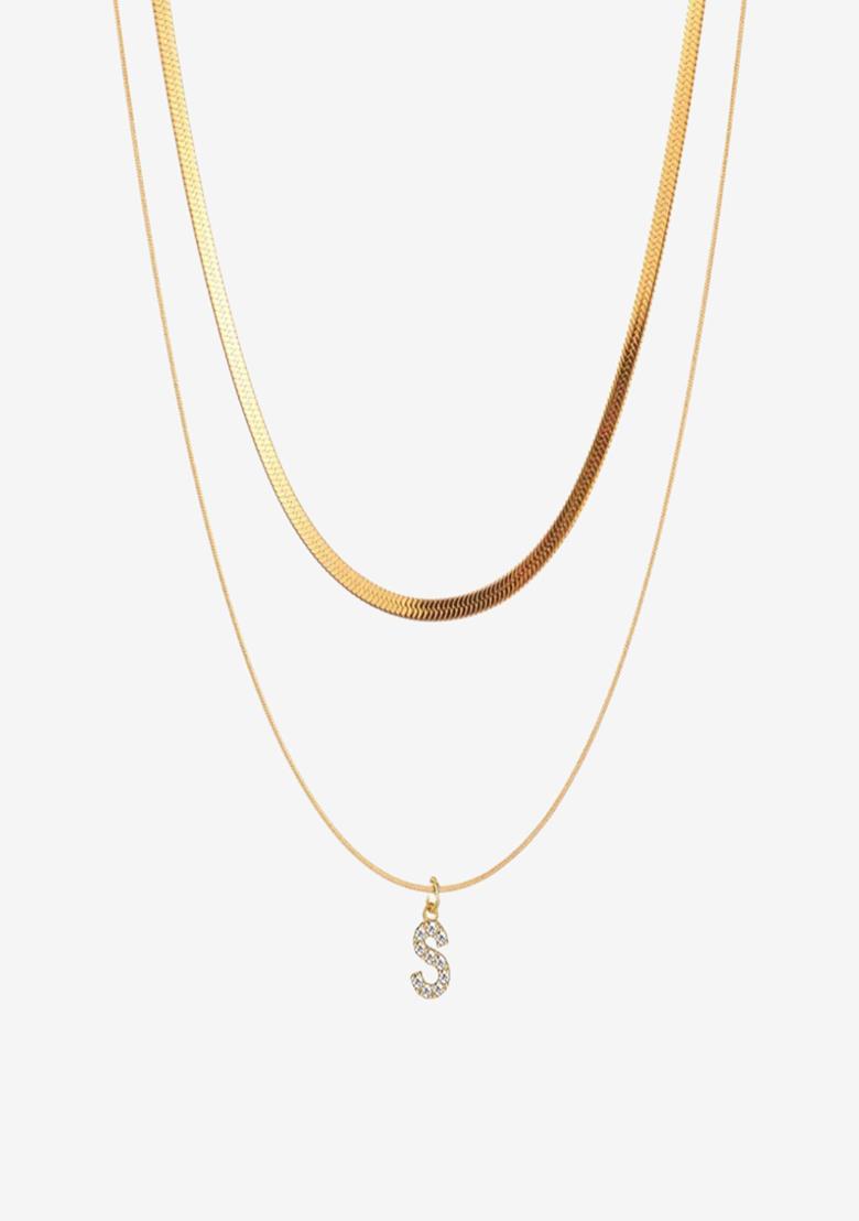 18K Gold Plated Anti Tarnish Initial Letter S Zircon Pendant Layered Necklace - Indya