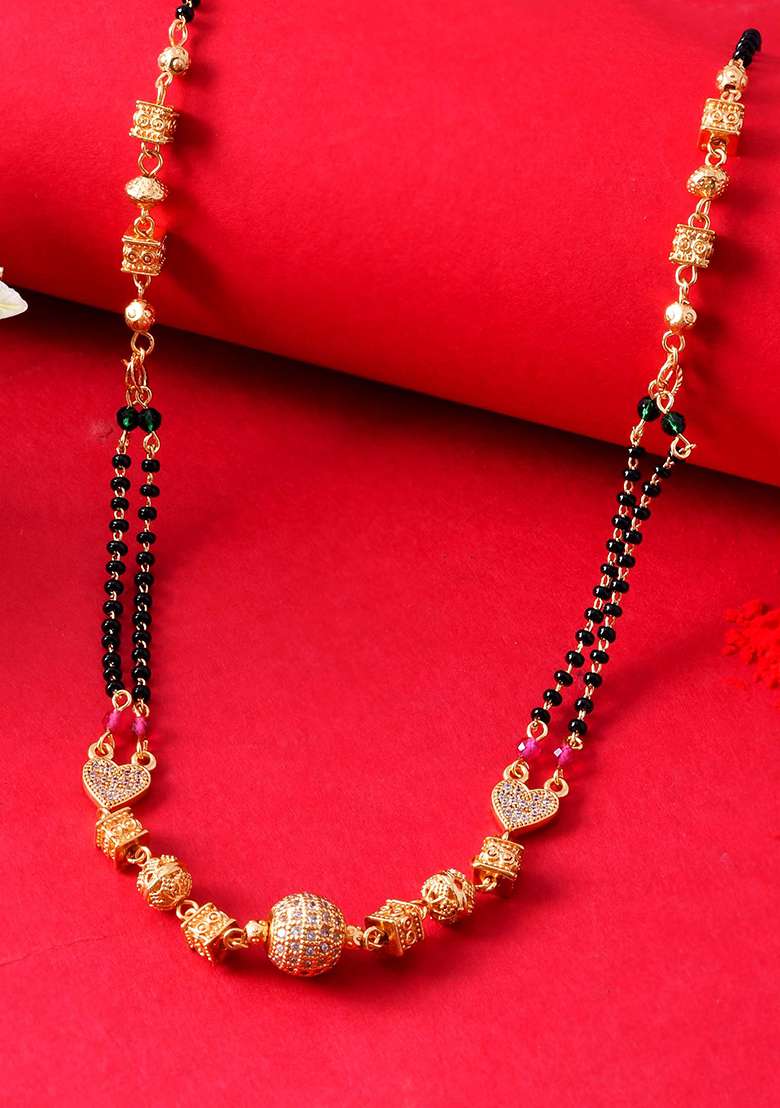 Double Line Black Beaded Mangalsutra With Designer Gold And Toned Pendant

 - Indya