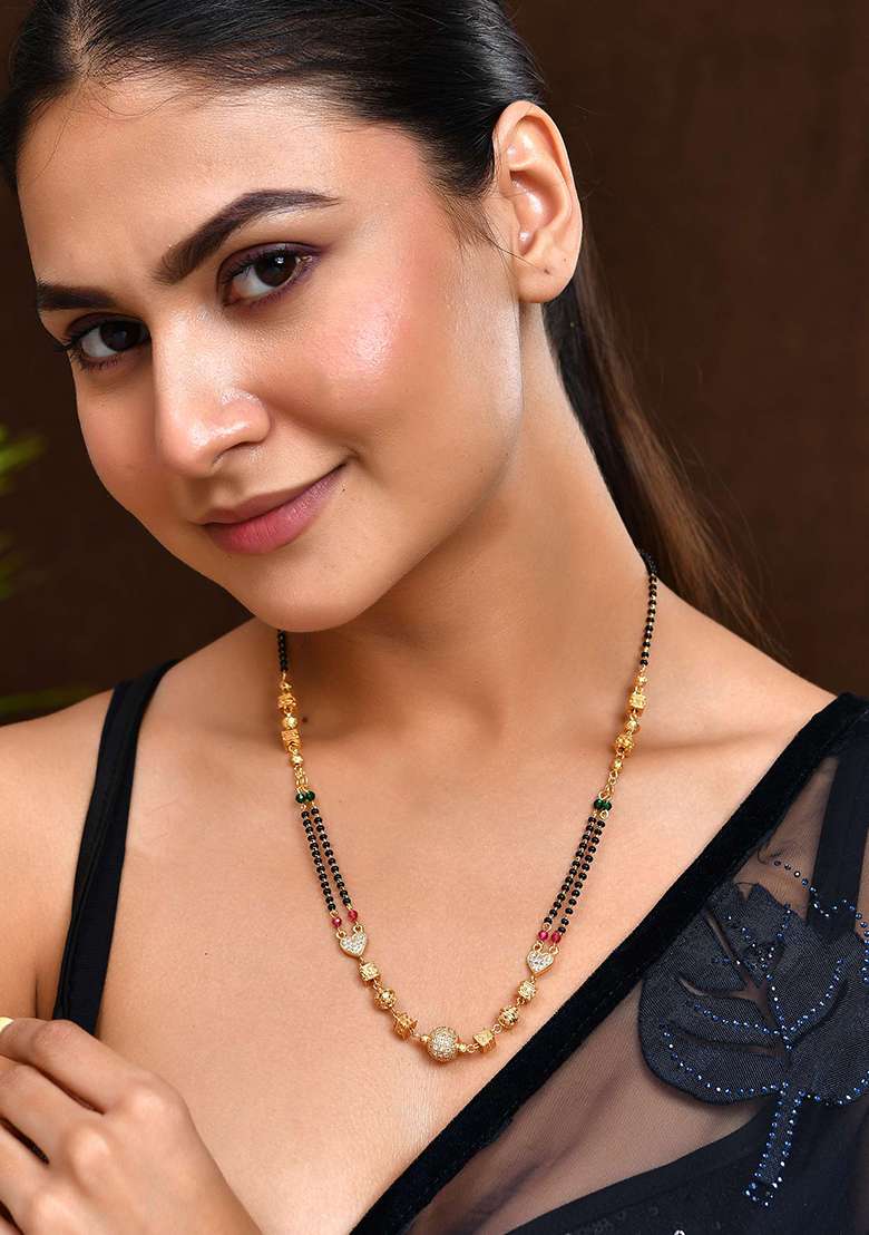 Double Line Black Beaded Mangalsutra With Designer Gold And Toned Pendant

 - Indya