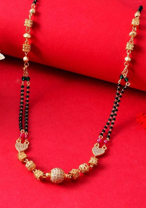 Double Line Black Beaded Mangalsutra With Designer Gold And Toned Pendant

