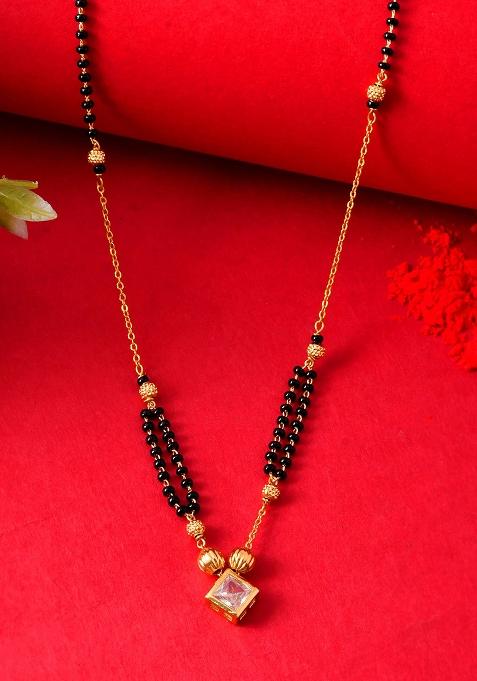 Traditional Black Beaded Mangalsutra With Geometric Stone Pendant

