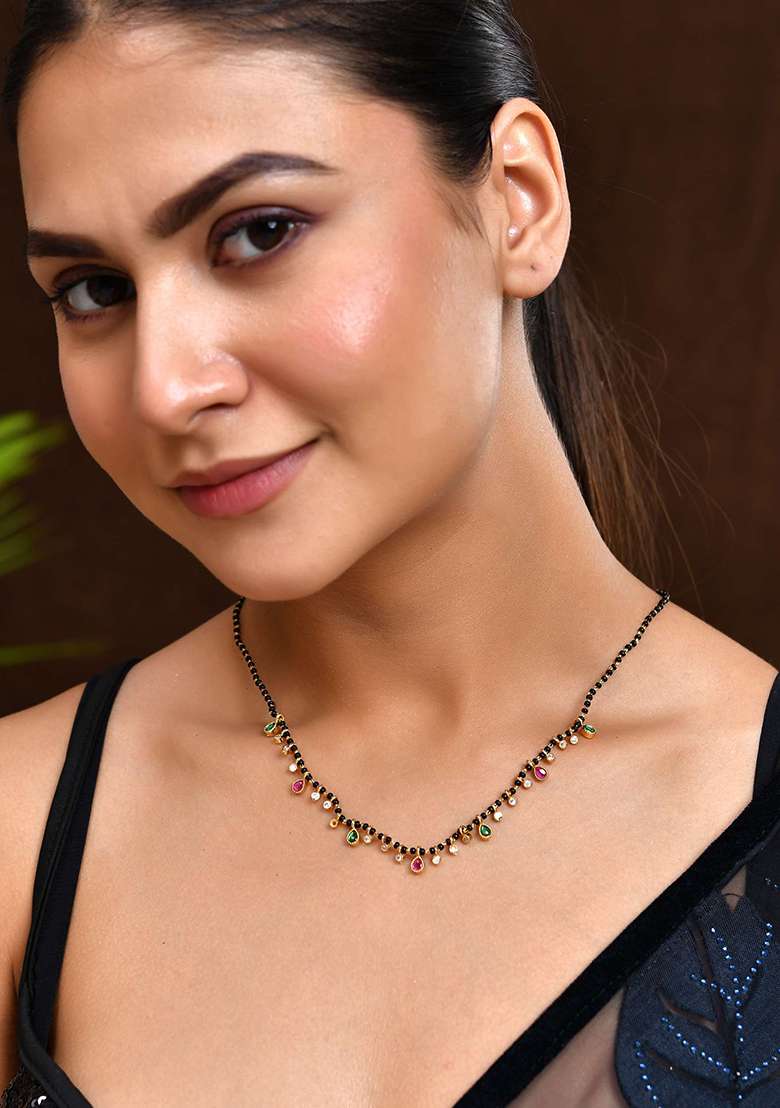 Elegant Black Beads Mangalsutra With Green And Red Stone Drops – Silver Finish - Indya