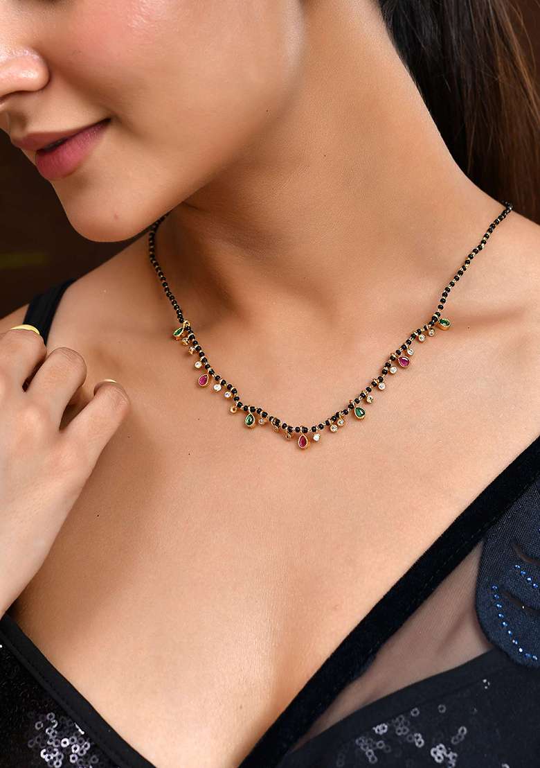 Elegant Black Beads Mangalsutra With Green And Red Stone Drops – Silver Finish - Indya