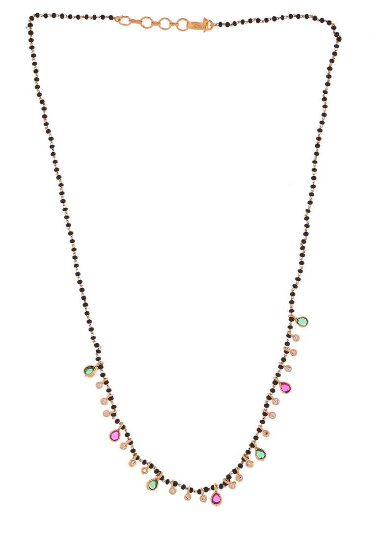 Elegant Black Beads Mangalsutra With Green And Red Stone Drops – Silver Finish - Indya