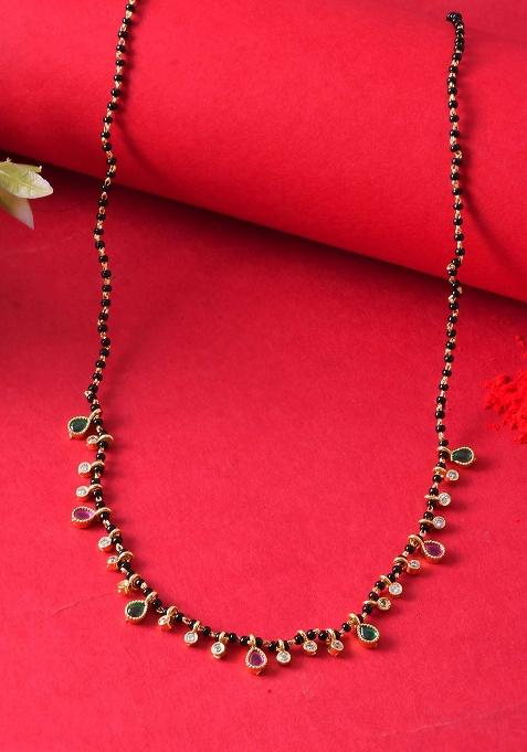 Elegant Black Beads Mangalsutra With Green And Red Stone Drops – Silver Finish