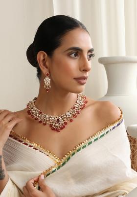 Red Rose Gold Polki Necklace Set