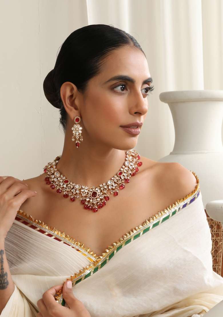 Red Rose Gold Polki Necklace Set - Indya