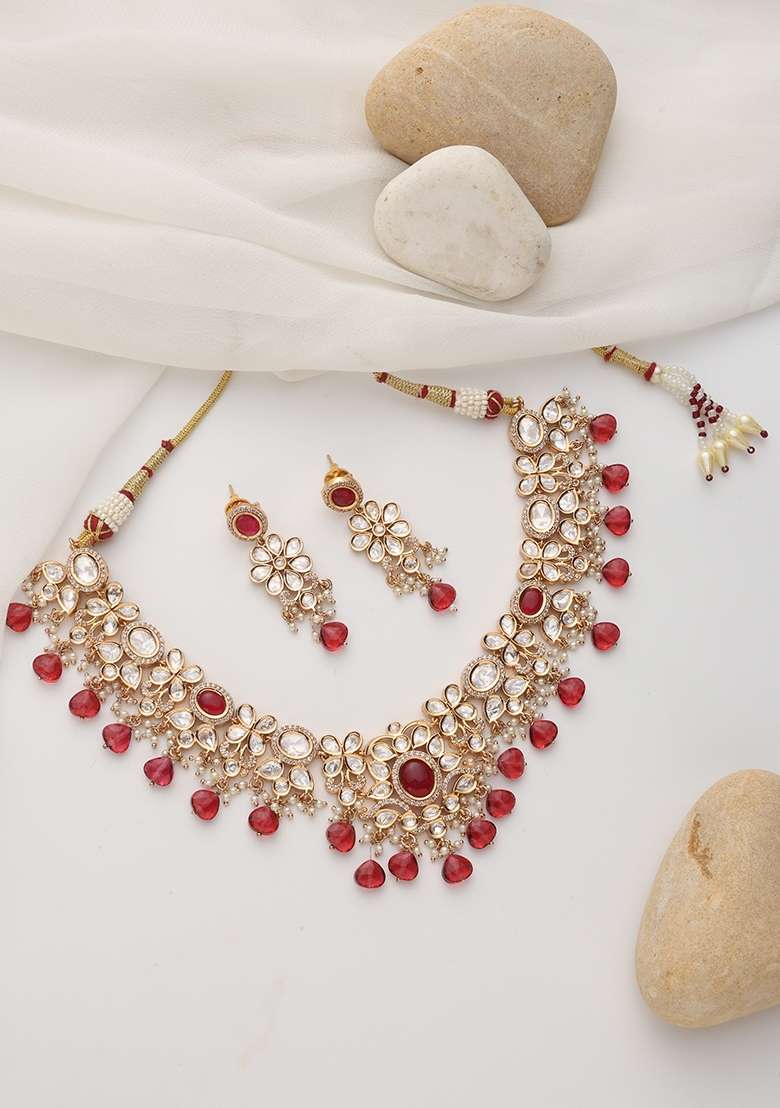 Red Rose Gold Polki Necklace Set - Indya