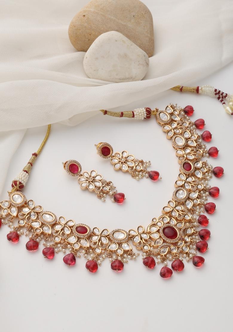 Red Rose Gold Polki Necklace Set