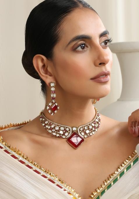 Red Rose Gold Polki Choker Set