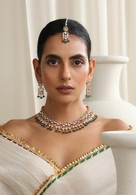 Green Rose Gold Polki Necklace Set With Maang Tikka