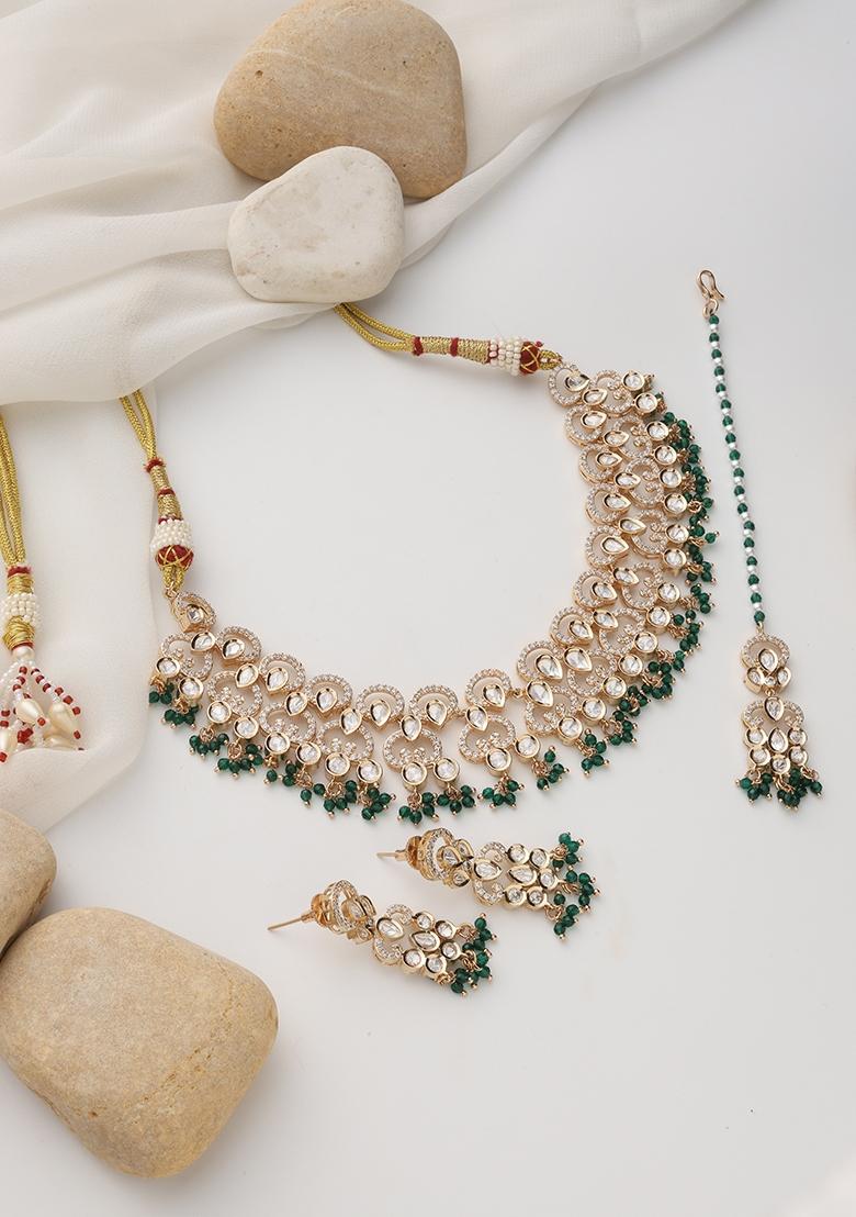 Green Rose Gold Polki Necklace Set With Maang Tikka