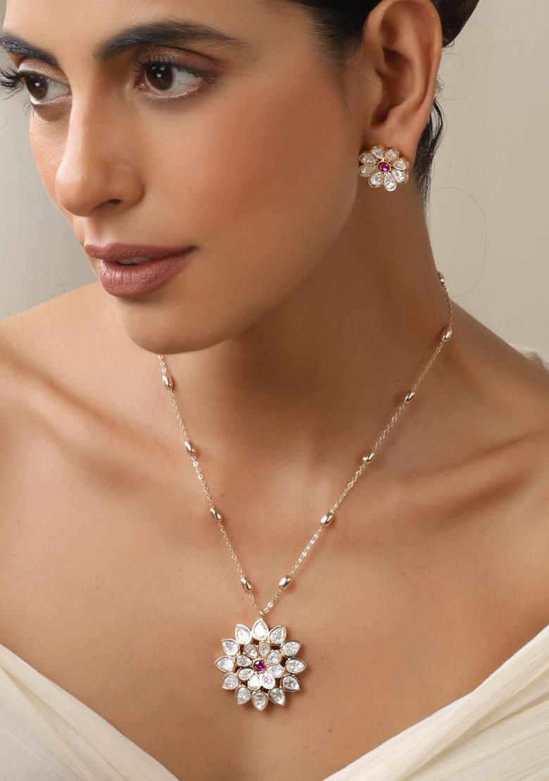 Red Rose Gold Polki Pendant Set