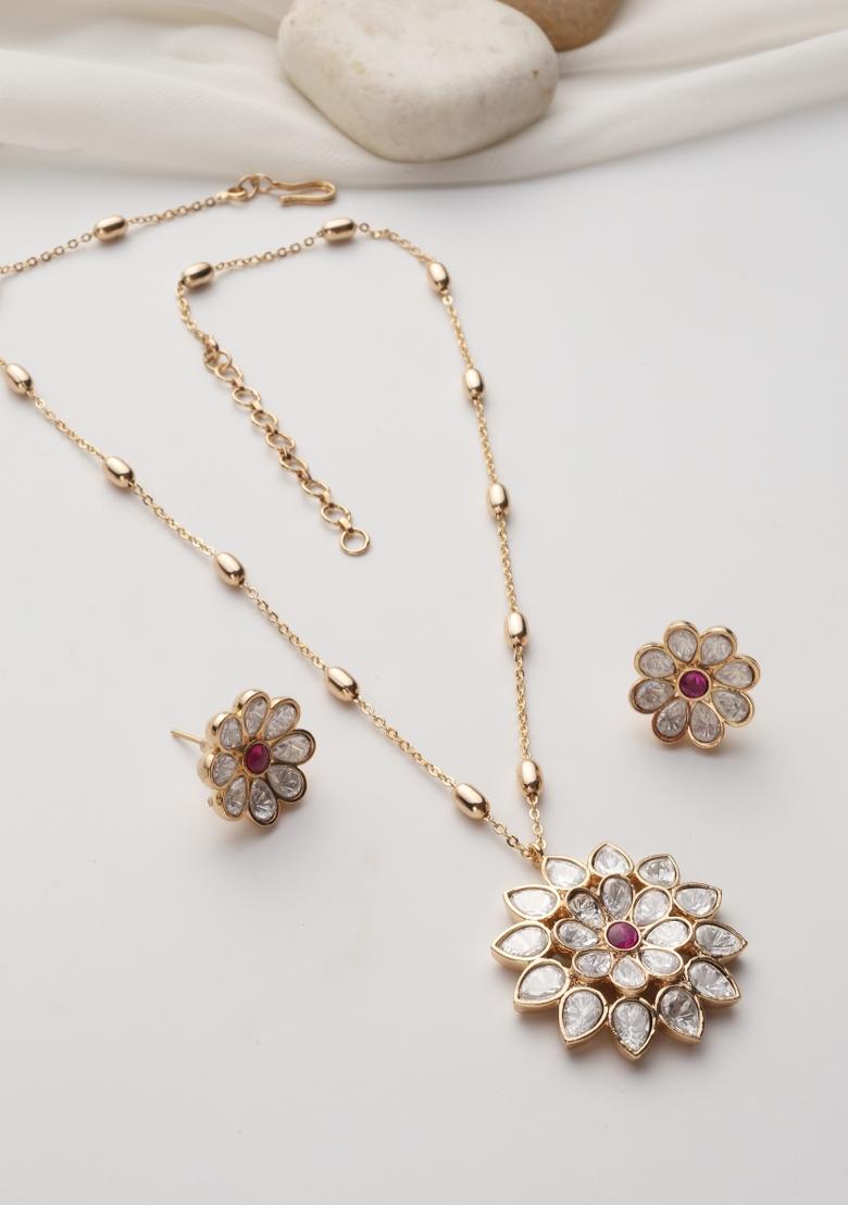 Red Rose Gold Polki Pendant Set
