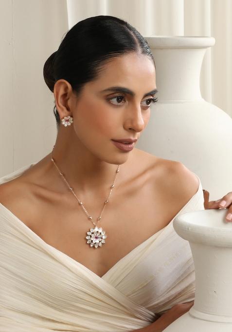 Red Rose Gold Polki Pendant Set