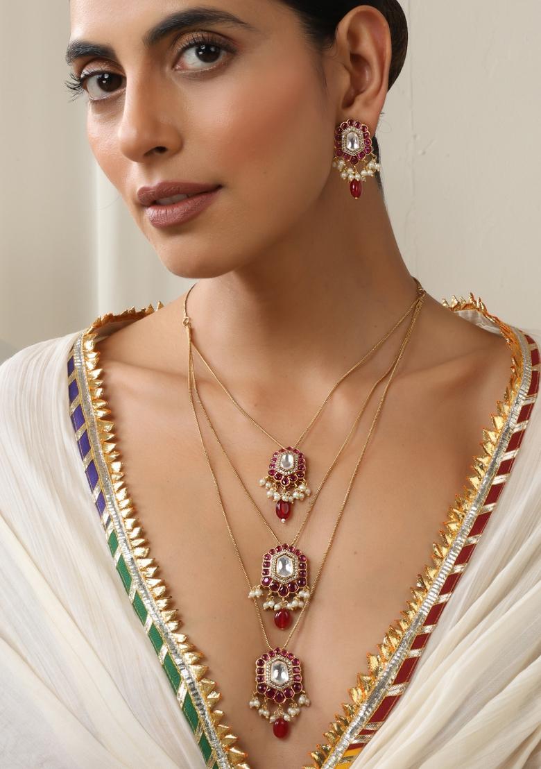 Red Polki Layered Necklace Set