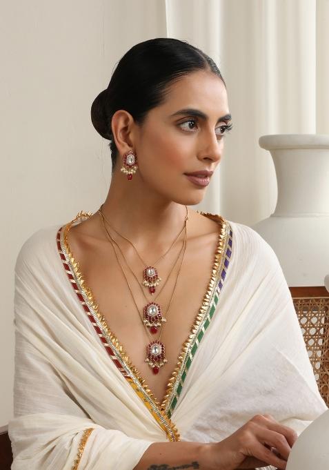 Red Polki Layered Necklace Set