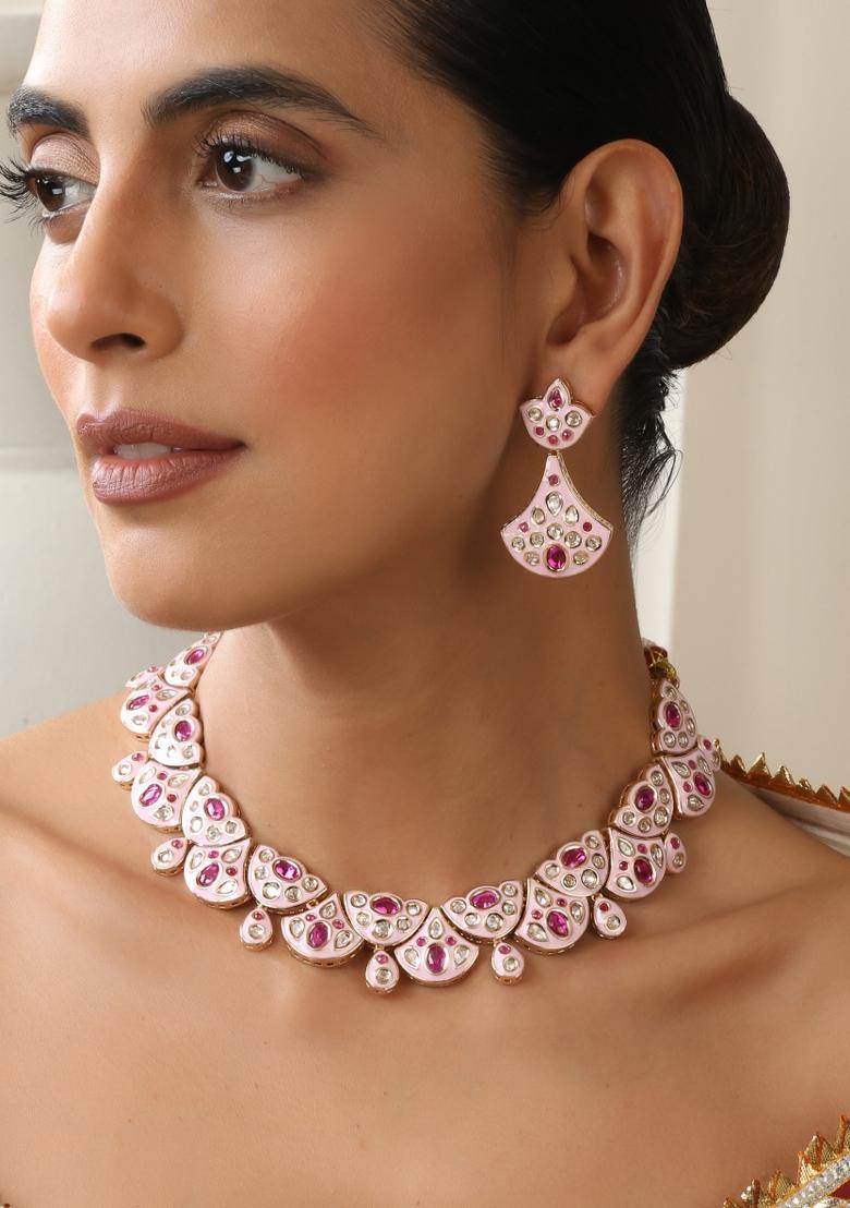 Pink Rose Gold Polki Necklace Set