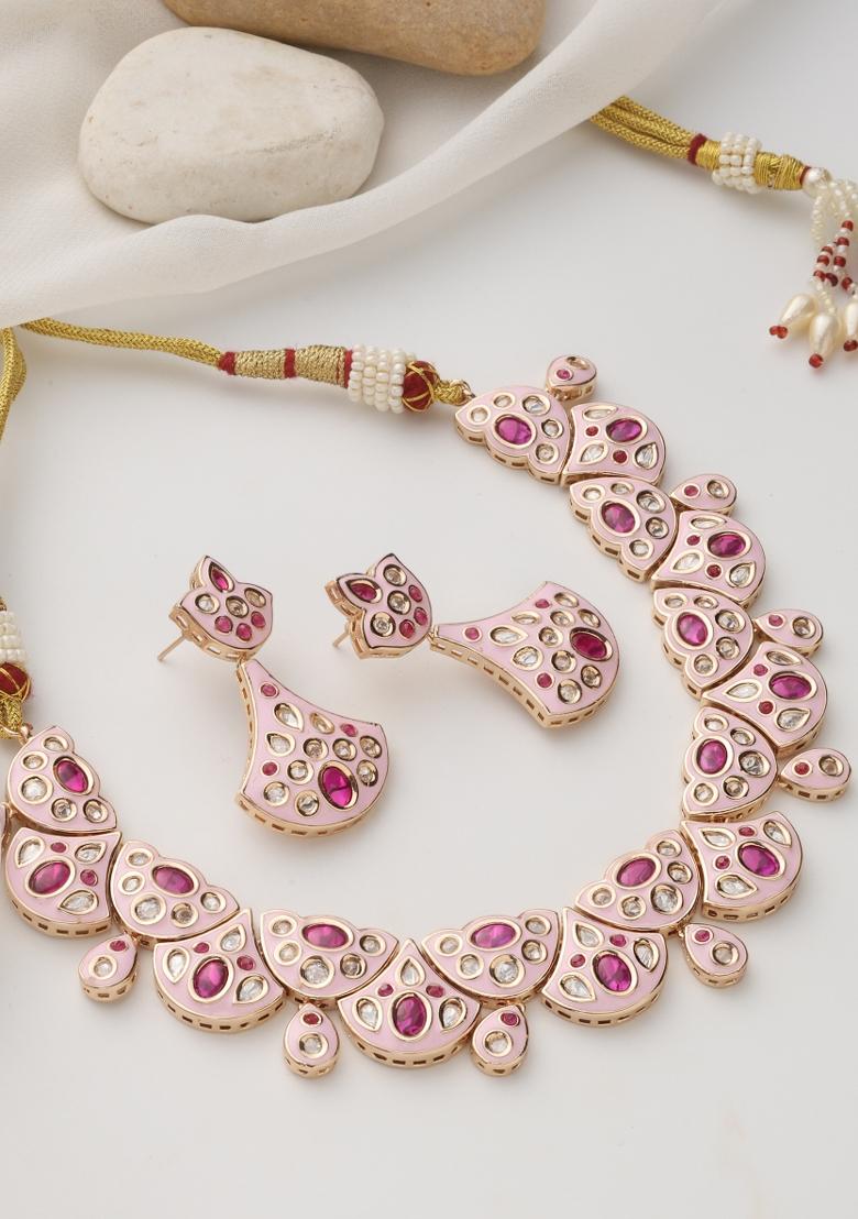 Pink Rose Gold Polki Necklace Set