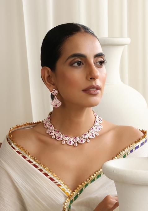 Pink Rose Gold Polki Necklace Set