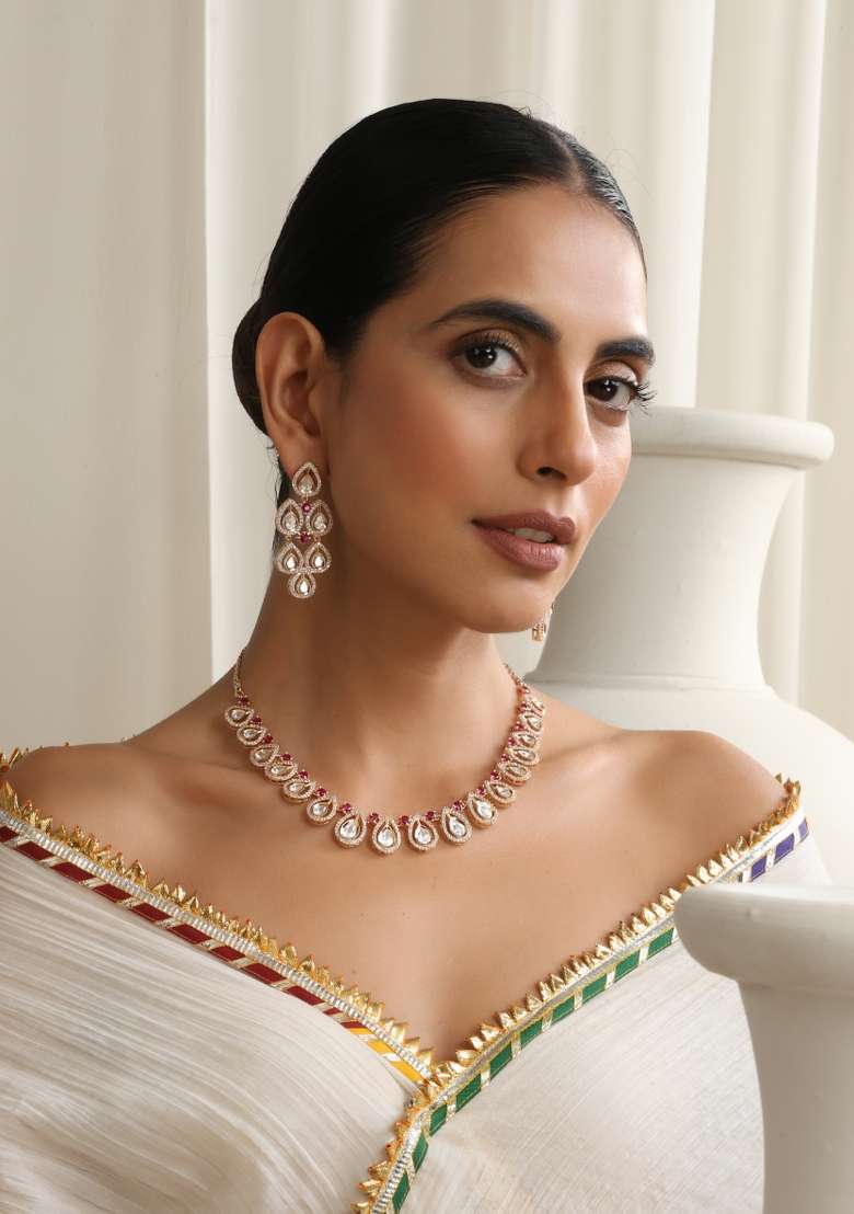Red Rose Gold Polki Necklace Set - Indya