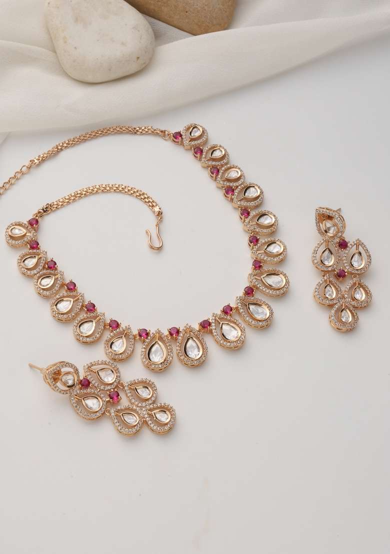 Red Rose Gold Polki Necklace Set - Indya