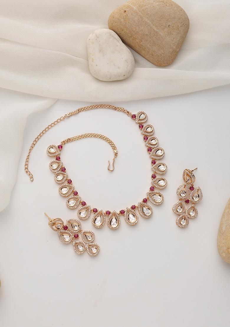 Red Rose Gold Polki Necklace Set