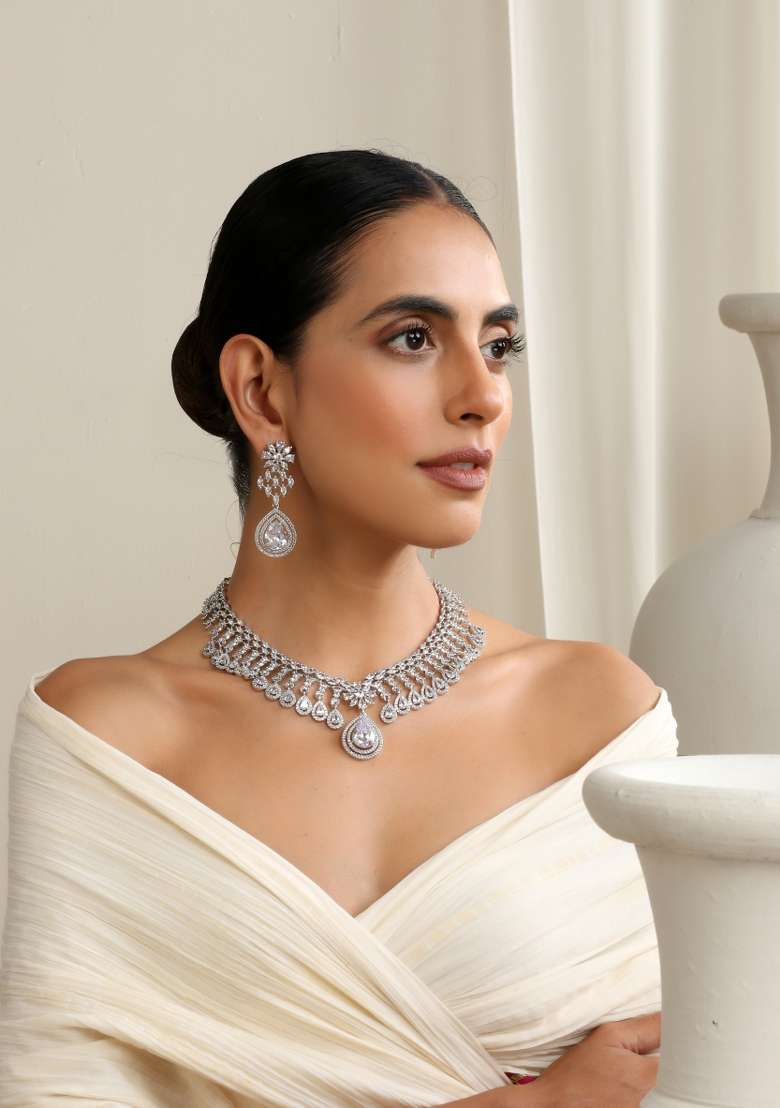 White Silver Zirconia Necklace Set - Indya