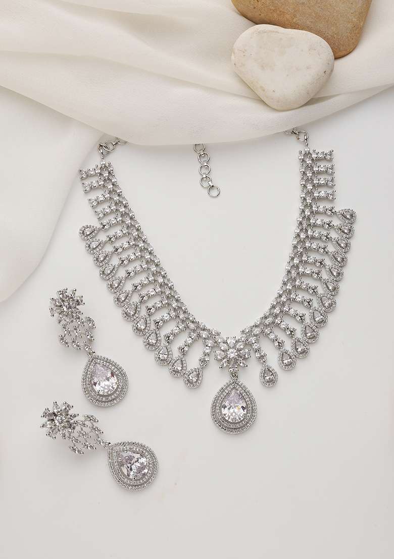 White Silver Zirconia Necklace Set - Indya
