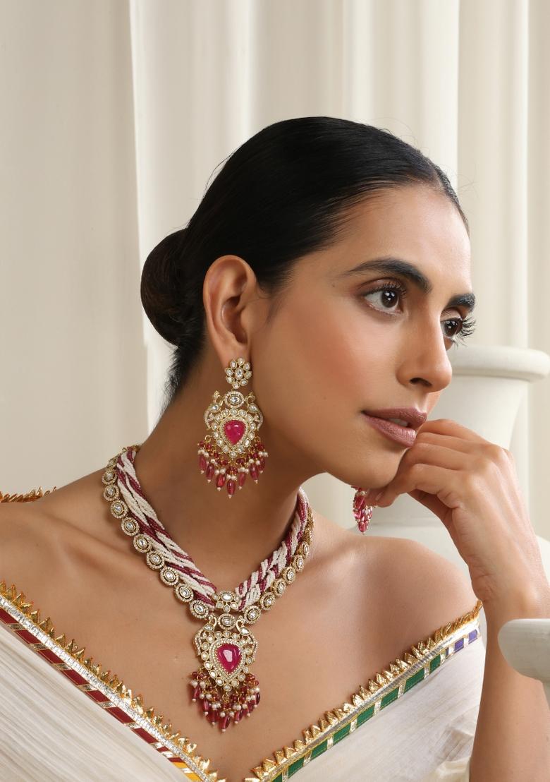 Red Rose Gold Polki Layered Necklace Set