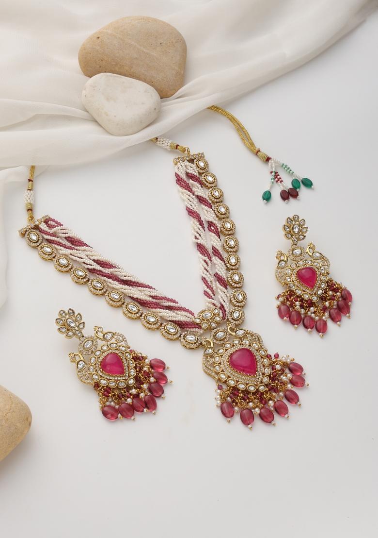 Red Rose Gold Polki Layered Necklace Set