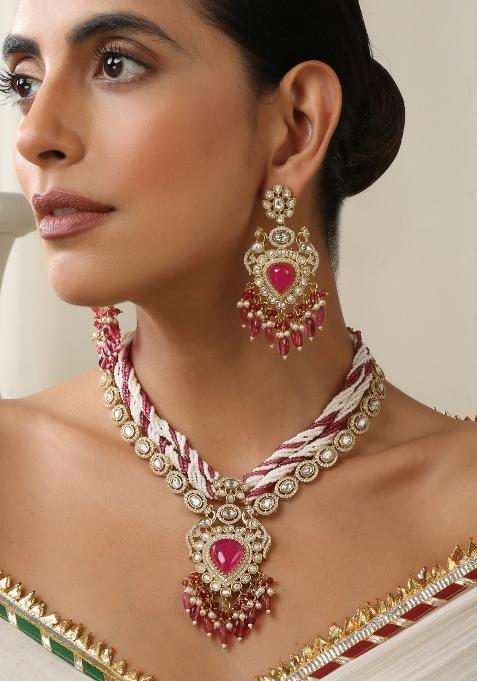 Red Rose Gold Polki Layered Necklace Set