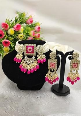 Gold Plated Kundan And Beads Meenakari Choker Necklace Set