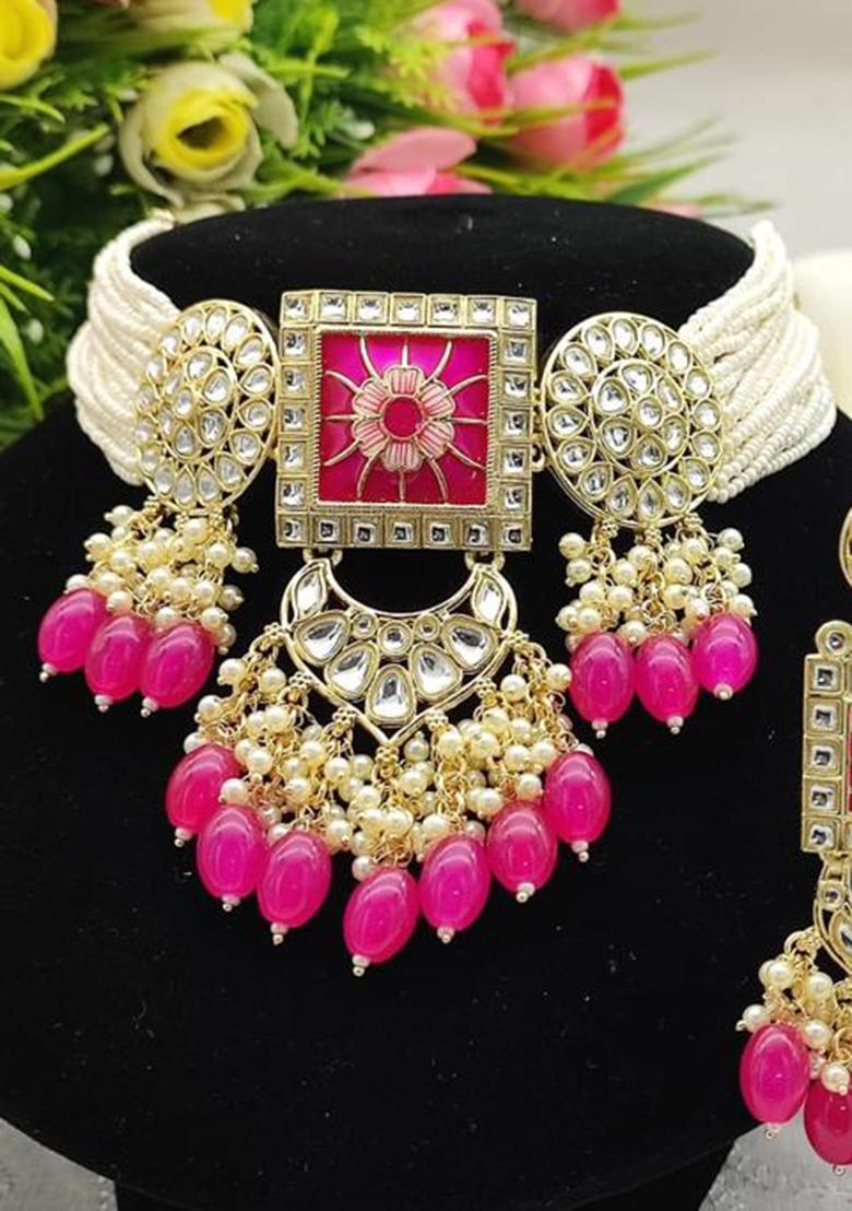 Gold Plated Kundan And Beads Meenakari Choker Necklace Set