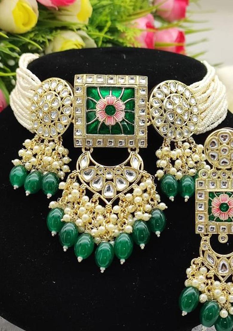 Gold Plated Kundan And Beads Meenakari Choker Necklace Set