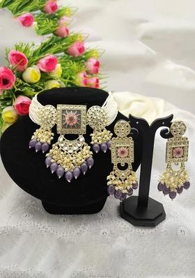 Gold Plated Kundan And Beads Meenakari Choker Necklace Set