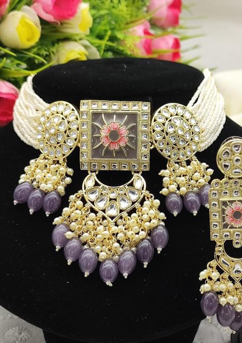 Gold Plated Kundan And Beads Meenakari Choker Necklace Set