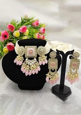 Gold Plated Kundan And Beads Meenakari Choker Necklace Set