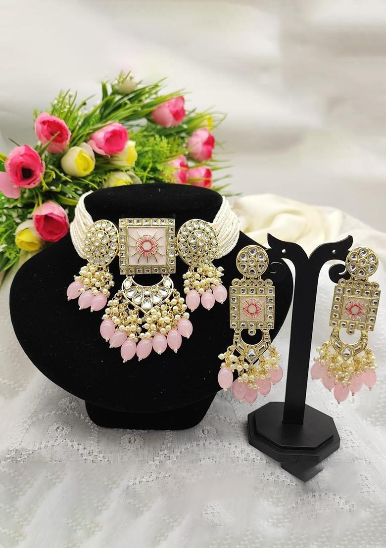 Gold Plated Kundan And Beads Meenakari Choker Necklace Set