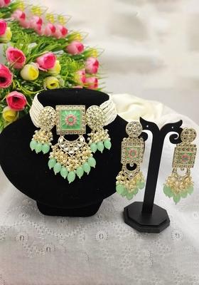 Gold Plated Kundan And Beads Meenakari Choker Necklace Set