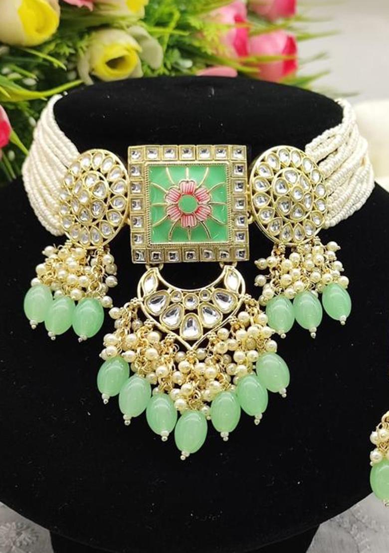 Gold Plated Kundan And Beads Meenakari Choker Necklace Set