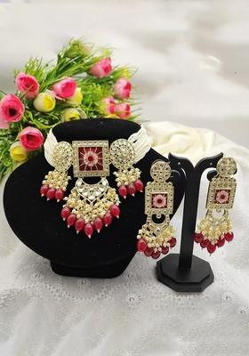 Gold Plated Kundan And Beads Meenakari Choker Necklace Set