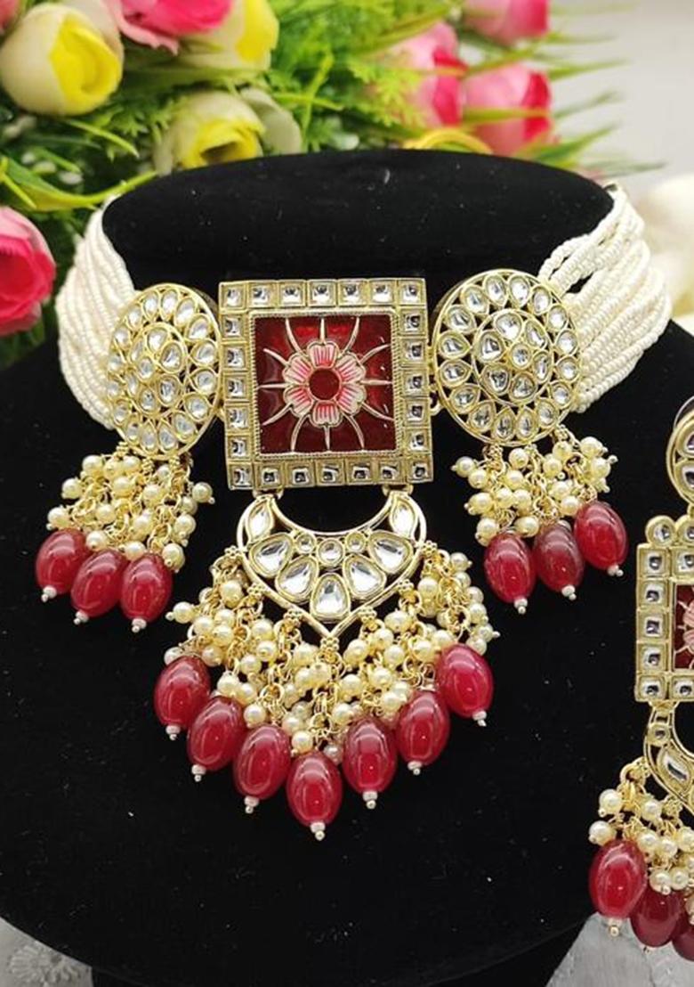 Gold Plated Kundan And Beads Meenakari Choker Necklace Set