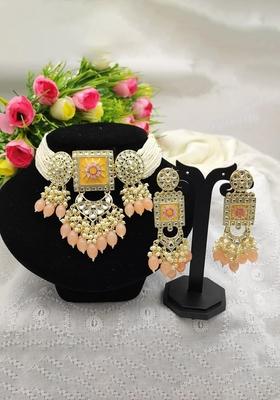 Gold Plated Kundan And Beads Meenakari Choker Necklace Set